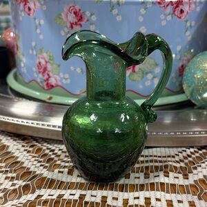 Vintage Green Crackle Glass Small pitcher or vase